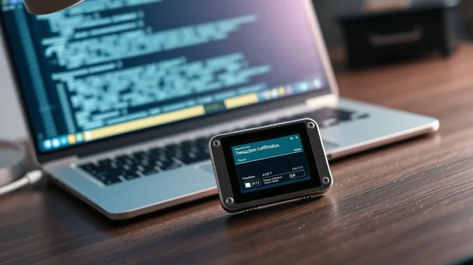 Hardware crypto wallet displaying a transaction confirmation screen beside a laptop showing code