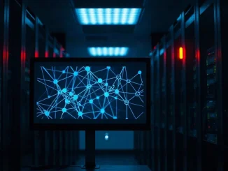 Server room monitor showing a chain-link network diagram with servers behind it