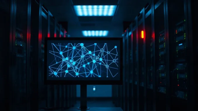 Server room monitor showing a chain-link network diagram with servers behind it