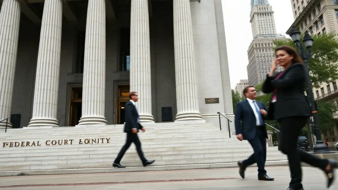 Federal courthouse columns in Manhattan, where Roman Storm's Tornado Cash case is being heard