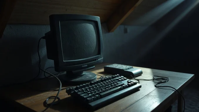 Dusty desktop computer and hard drive on an attic desk lit by daylight