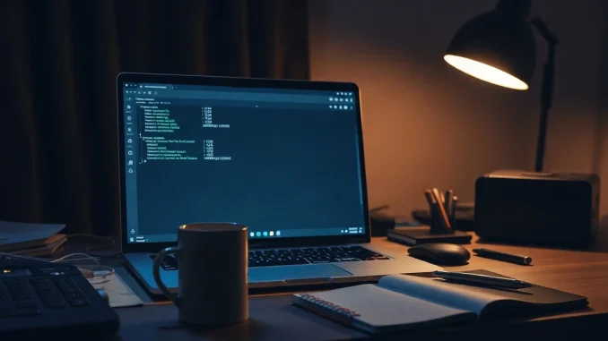 Laptop on a dark desk displaying an abstract blockchain transaction screen in blue light