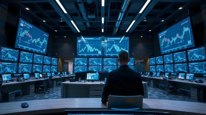 Analyst monitoring settlement screens in an institutional securities operations room at night