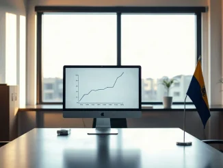 Government office desk with a monitor showing an upward chart and a small national flag, representing El Salvador's bitcoin reserves.