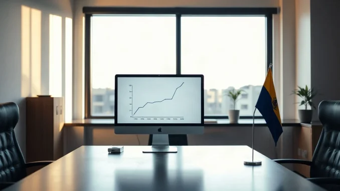 Government office desk with a monitor showing an upward chart and a small national flag, representing El Salvador's bitcoin reserves.