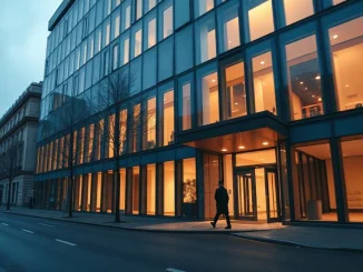European Securities and Markets Authority headquarters building at dusk with warm lights