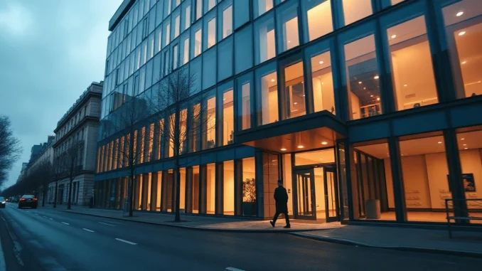 European Securities and Markets Authority headquarters building at dusk with warm lights