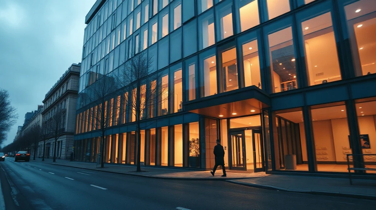 European Securities and Markets Authority headquarters building at dusk with warm lights