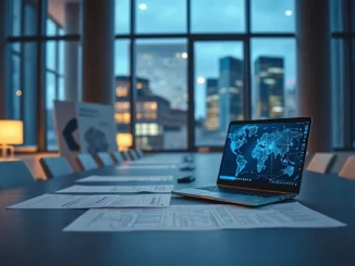 Regulatory office desk with consultation documents and laptop showing blockchain network graphics at dusk