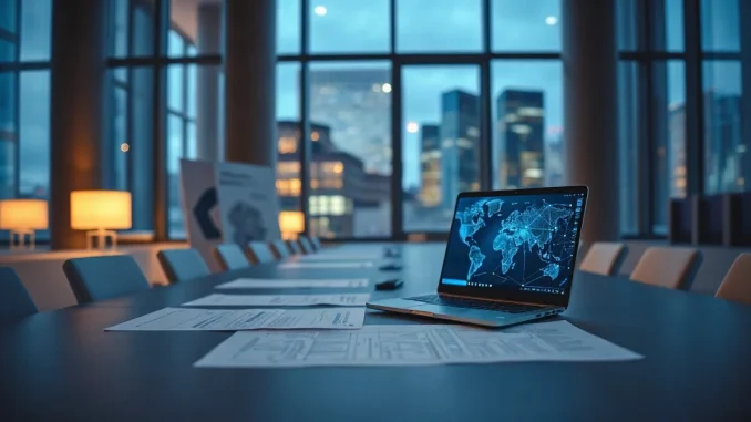 Regulatory office desk with consultation documents and laptop showing blockchain network graphics at dusk