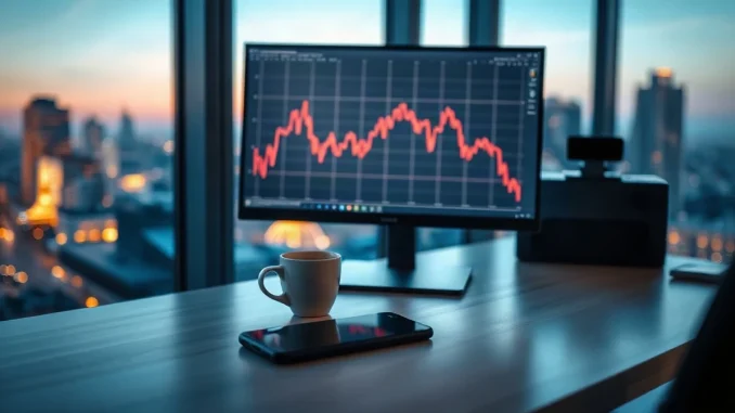 Trader's desk at dusk with a monitor showing a falling red price chart