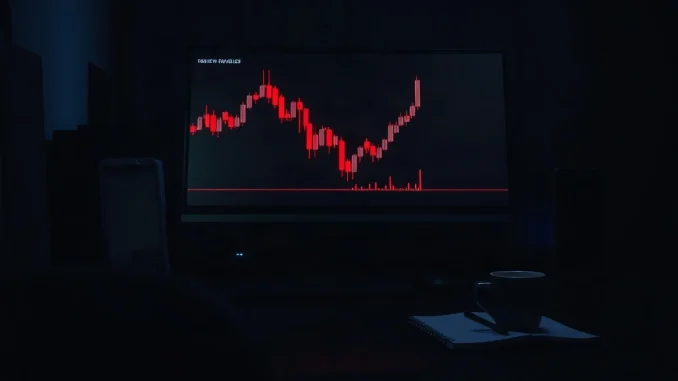 Dark trading desk with a monitor showing a sharply falling red candlestick chart