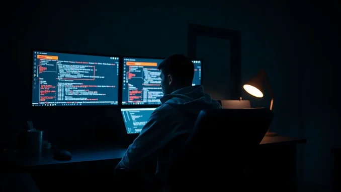 Developer reviewing smart contract code on multiple monitors during an overnight security review