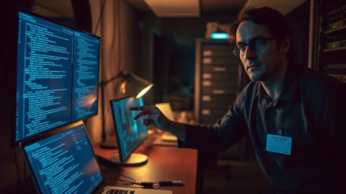 Two engineers reviewing code on monitors in a dark server room at night