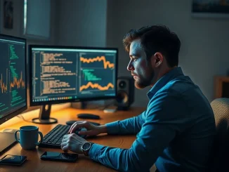 Researcher at multi-monitor desk reviewing code and network graphs under blue screen light