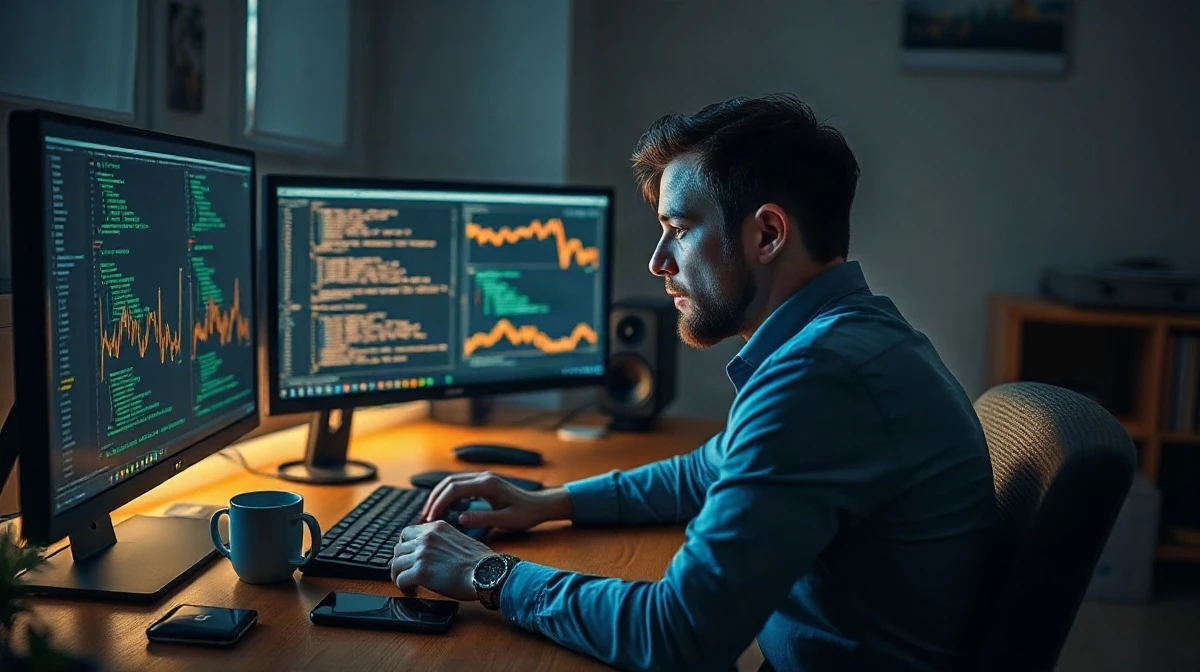 Researcher at multi-monitor desk reviewing code and network graphs under blue screen light
