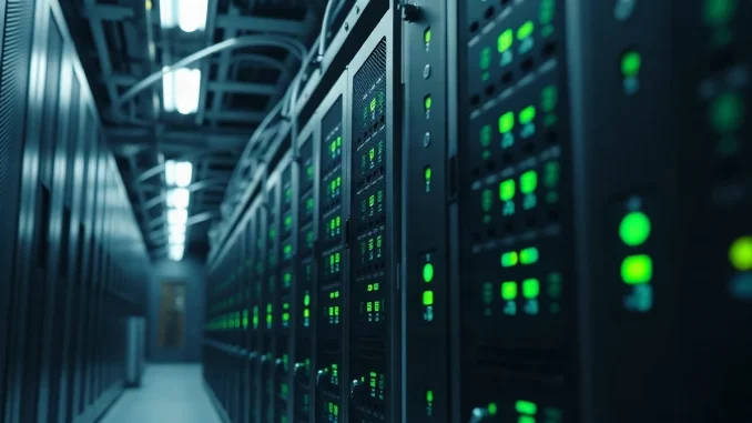 Row of glowing validator servers in a cool-lit data center aisle representing Ethereum staking infrastructure