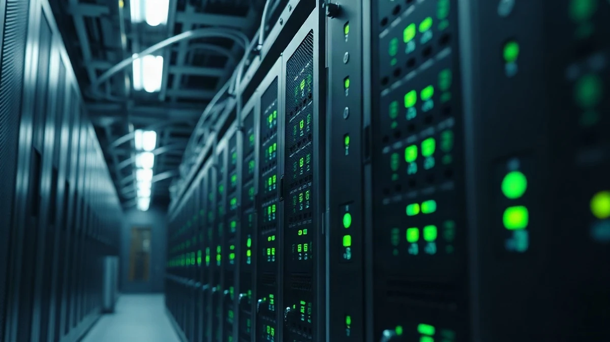 Row of glowing validator servers in a cool-lit data center aisle representing Ethereum staking infrastructure