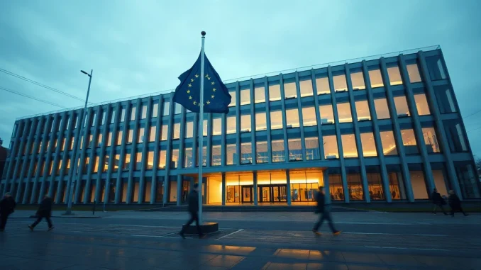 European Union regulatory building exterior at dusk with EU flag in the foreground