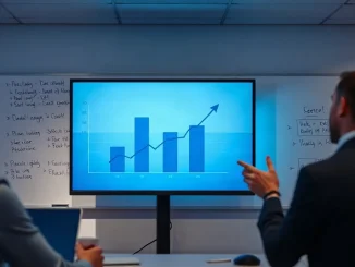 Office monitor showing euro versus dollar stablecoin supply chart beside two colleagues in discussion