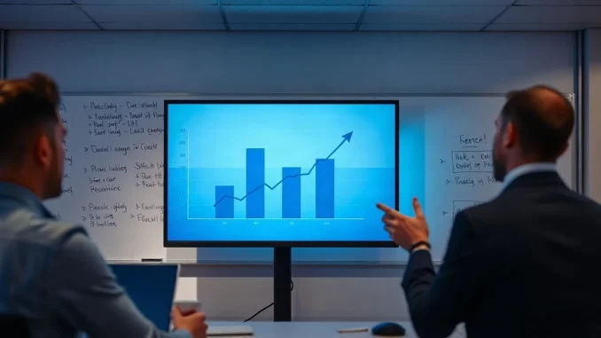 Office monitor showing euro versus dollar stablecoin supply chart beside two colleagues in discussion