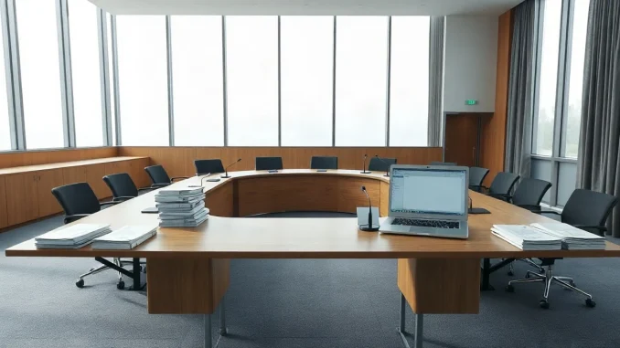 Empty European Commission meeting room with consultation documents on a table and microphones facing the seats