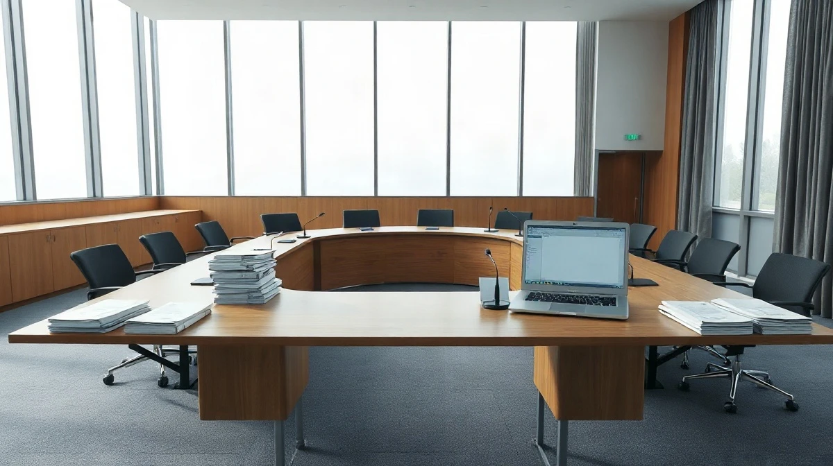 Empty European Commission meeting room with consultation documents on a table and microphones facing the seats