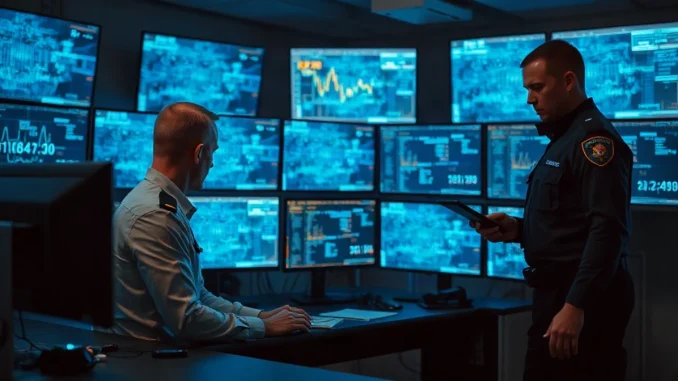 Europol analysts reviewing cryptographic data on screens in a security operations center