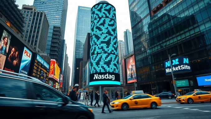 Nasdaq MarketSite tower in Times Square on the morning of Evernorth's XRPN trading debut
