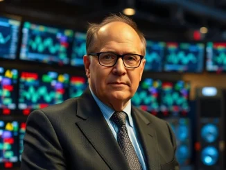 BlackRock CEO Larry Fink speaking on a business television set against a backdrop of financial screens and servers