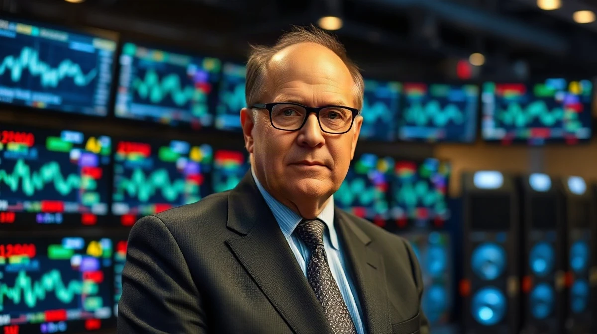 BlackRock CEO Larry Fink speaking on a business television set against a backdrop of financial screens and servers