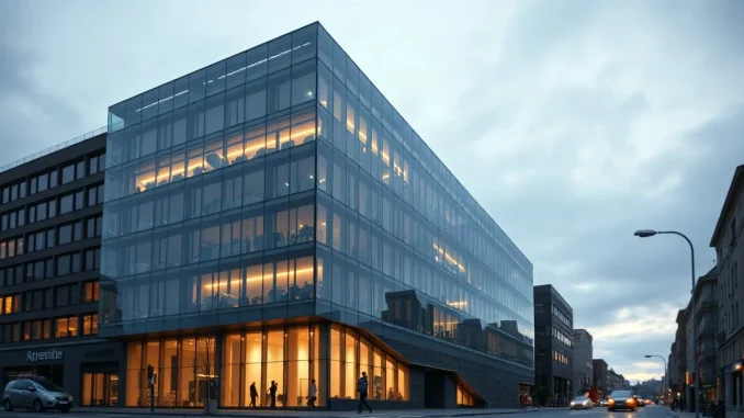 Modern Swiss financial district office building at dusk, representing FINMA's retail Bitcoin ETF approval