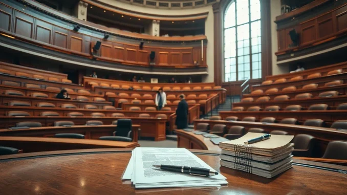 Legislative amendment papers on a desk in a French assembly hall