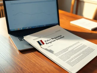 Regulatory document and laptop with blockchain graph on a Paris office desk, French flag pin