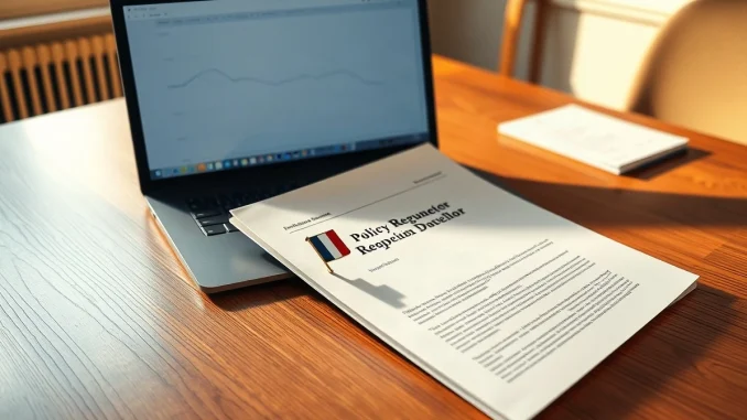 Regulatory document and laptop with blockchain graph on a Paris office desk, French flag pin