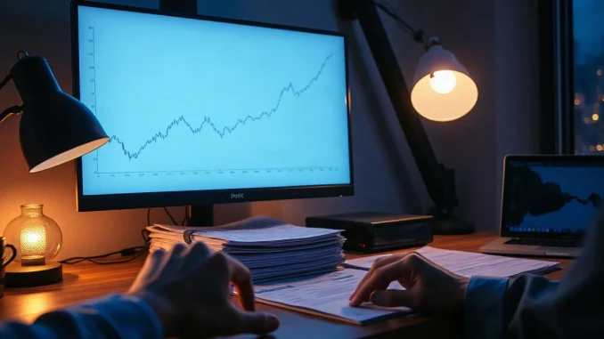 Analyst's desk with a rising price chart on a monitor and printed research pages