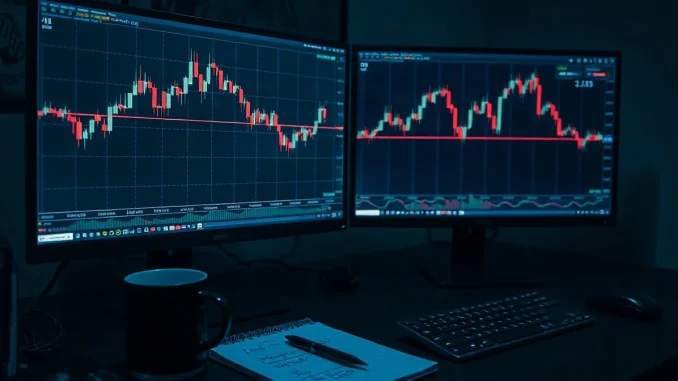 Trading desk with Bitcoin chart showing a resistance band near $85,000