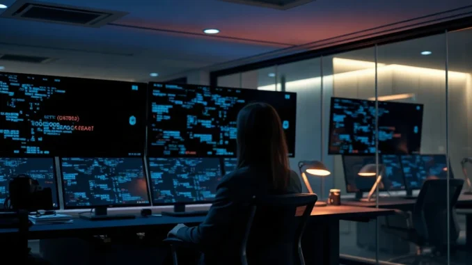 Analyst at monitors in a bank security operations room reviewing cryptographic key-fragment displays