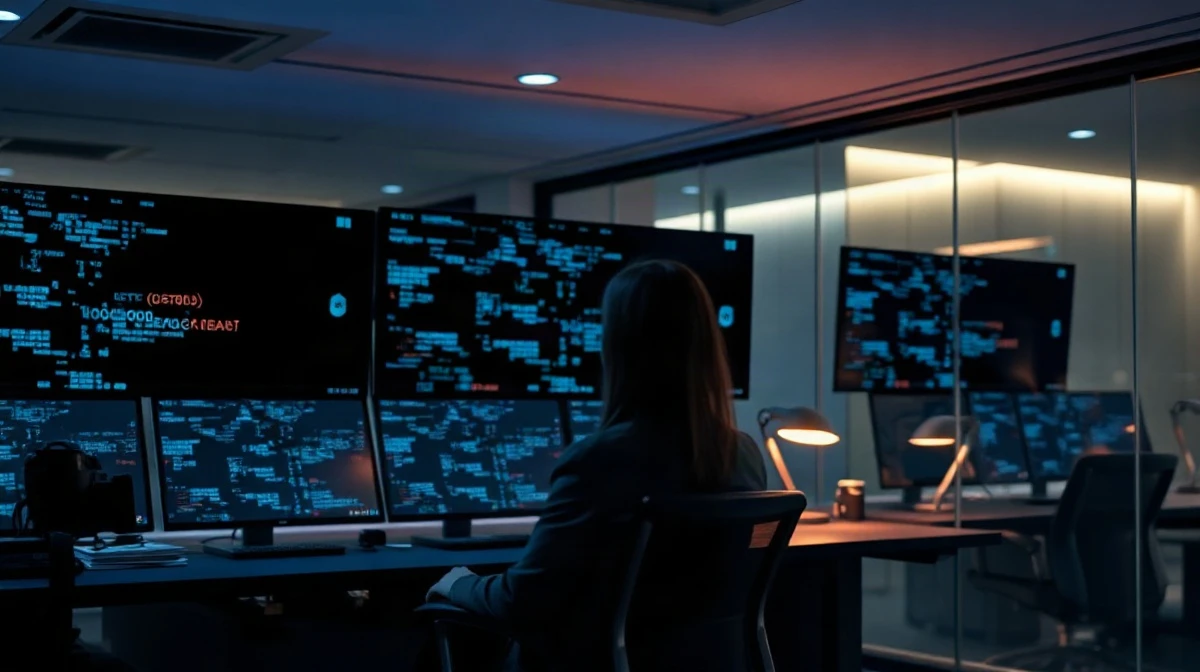 Analyst at monitors in a bank security operations room reviewing cryptographic key-fragment displays