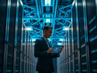 Executive standing between server racks at a cloud data center, reviewing custody security controls