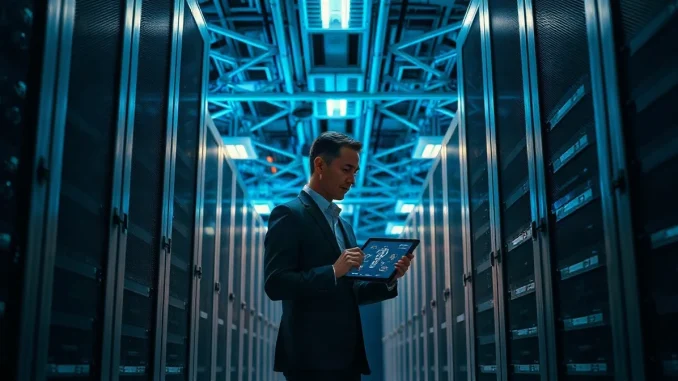 Executive standing between server racks at a cloud data center, reviewing custody security controls