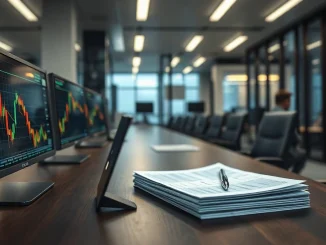 Trading desk with monitors showing price charts and fund documents at an asset manager