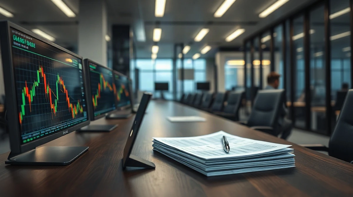 Trading desk with monitors showing price charts and fund documents at an asset manager