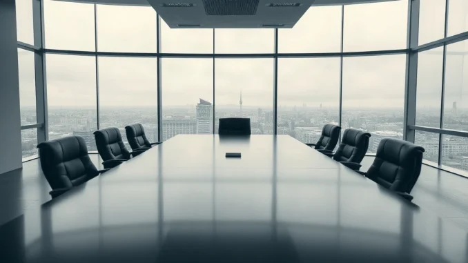 Empty boardroom table with vacant chairs in a Swiss office overlooking a gray city skyline