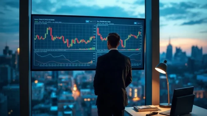 Man in suit reviewing financial charts on a monitor against a city skyline at dusk.