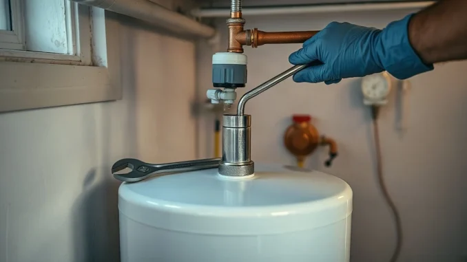 Hands installing a metal heating element into an open residential electric water heater in a basement