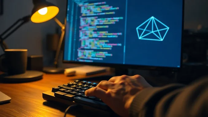 Developer typing code on a keyboard in front of a monitor showing cryptographic proof lines