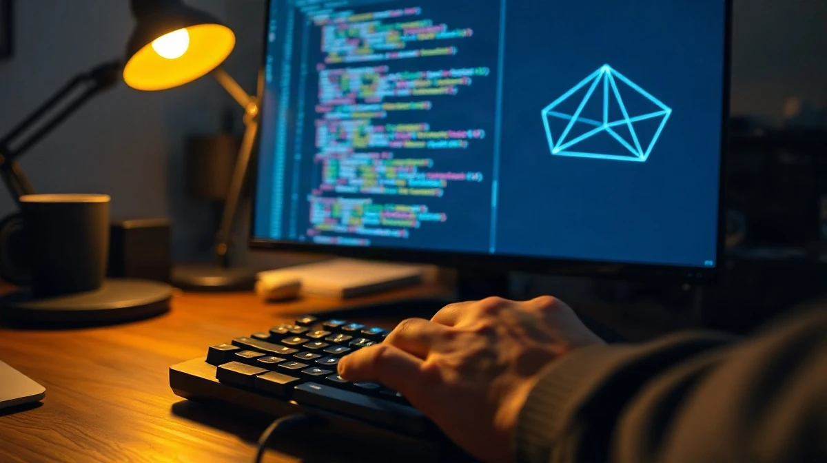 Developer typing code on a keyboard in front of a monitor showing cryptographic proof lines