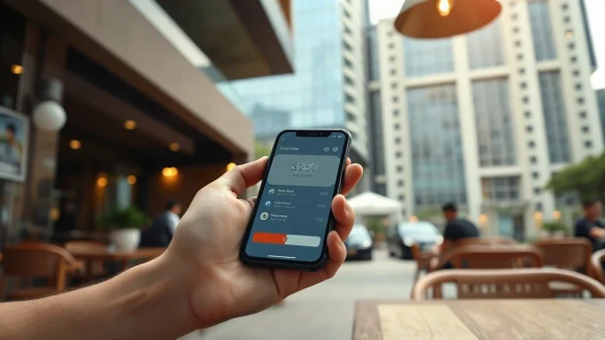 Hands holding a phone showing a digital wallet in a Hong Kong cafe, bank tower blurred behind.