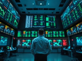 Lone trader watching index and commodity charts on a dimly lit derivatives trading floor at night